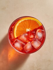 Top-Down View of Campari Spritz in Round Glass with Large Ice Cubes and Orange Slice, Vibrant Red Drink on Minimalist Beige Background, Soft Natural Lighting
