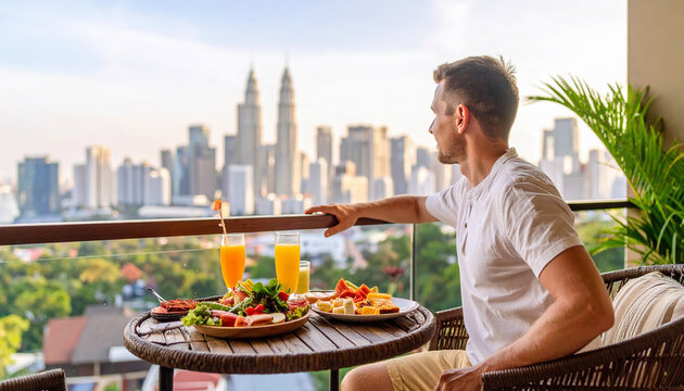 Young man sits enjoying city view from high balcony with quick meal - Powered by Adobe