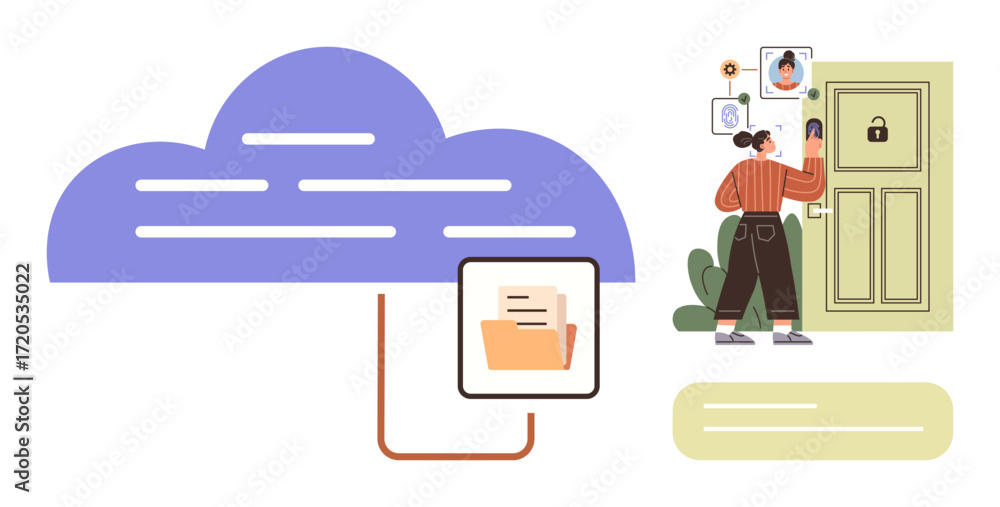 Poster woman accessing smart lock with face recognition while cloud-based folder and data system connects i