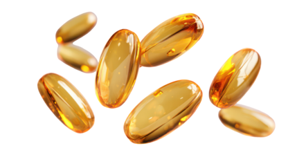 Several golden fish oil capsules isolated on transparent background