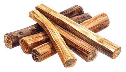 Watercolor illustration of a pile of firewood logs
