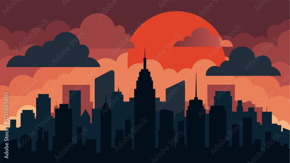Aufkleber a sunset over a city skyline with dark clouds symbolizing the confusion and difficulty in processing
