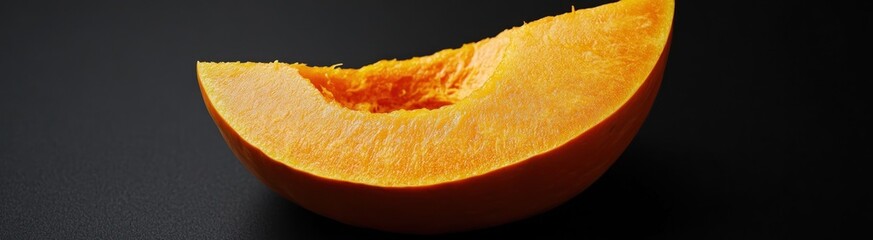 A vibrant orange slice of pumpkin on a black background.