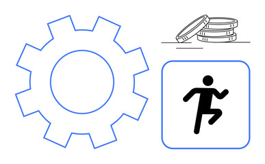 Gear for productivity, stacked coins for financial planning, and running figure for action or fitness. Ideal for productivity, economy, savings, fitness, efficiency motion decision-making. Simple
