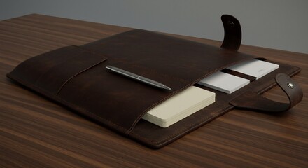 Dark brown leather portfolio rests elegantly on wood showcasing quality craftsmanship.. AI Generated