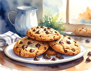 Watercolor Delightful Chocolate Chip Cookies By The Window