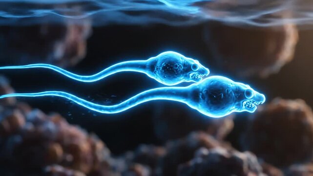 A detailed 3D illustration showing a glowing blue sperm cell on its journey towards fertilization and conception