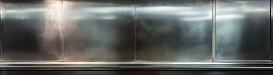 Metal panel background with subtle reflections.