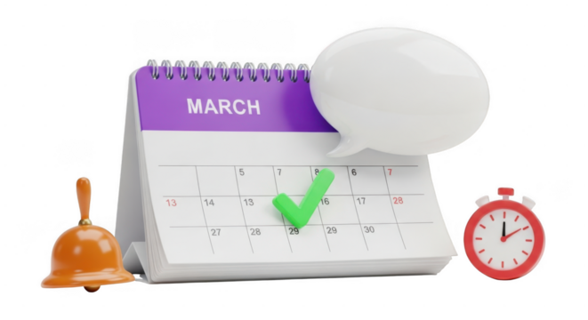 A calendar page for march is marked with a green checkmark, a ringing bell, and a ticking clock, symbolizing important dates isolated on transparent background