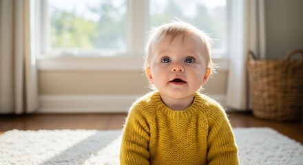Adorable toddler joyfully sits bathed in warm sunlight. AI Generated