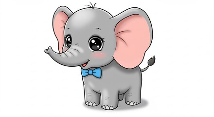 Adorable baby elephant cartoon gently smiles wearing a bow tie. AI Generated