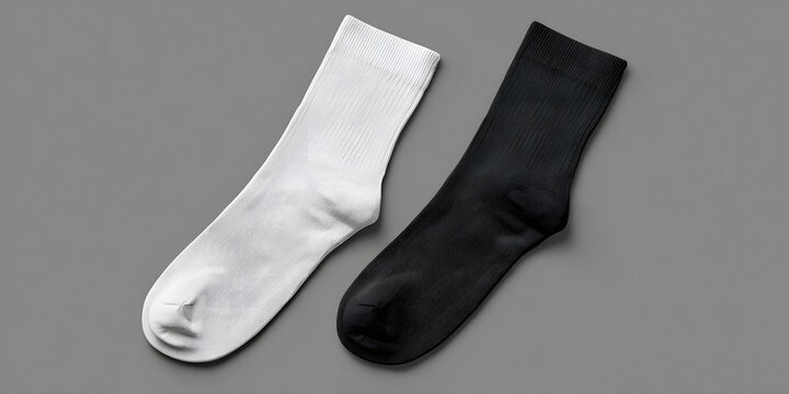 Stylish white and black socks isolated on grey background perfect for fashion, design, and apparel projects