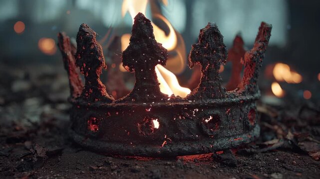 Burning crown lying in defeat flames concept. A charred crown rests among glowing embers, symbolizing loss and ruin.