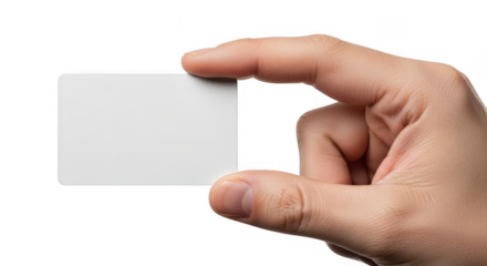 A hand holds a blank white card against a transparent background, ready for customization or information