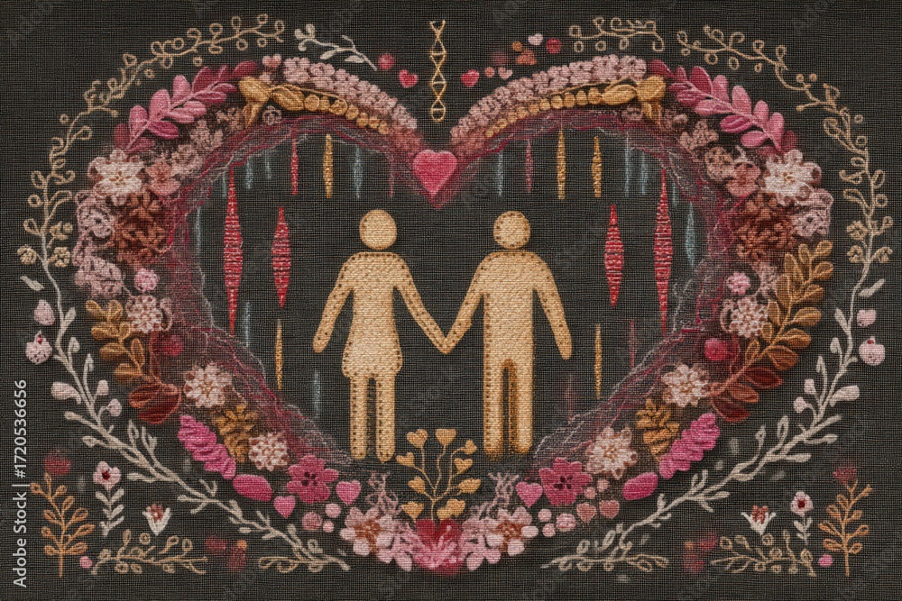 Aufkleber embroidered duo holding hands symbolizing unconditional love surrounded by intricate floral patterns
