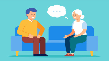 A caregiver sitting on a couch with an elderly man discussing strategies to improve his memory and prevent agerelated memory loss.. Vector illustration