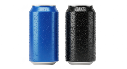 Two refreshing beverage cans, one blue and one black, are covered in condensation droplets on a transparent background