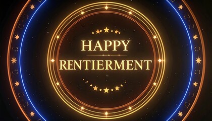 Gold and blue glowing circles frame "Happy Retirement" text