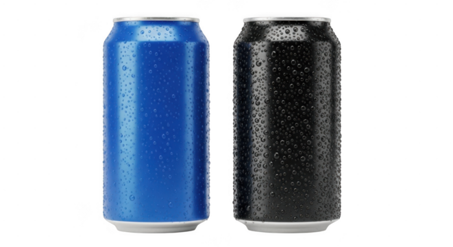 Two refreshing beverage cans, one blue and one black, are covered in condensation droplets on a transparent background