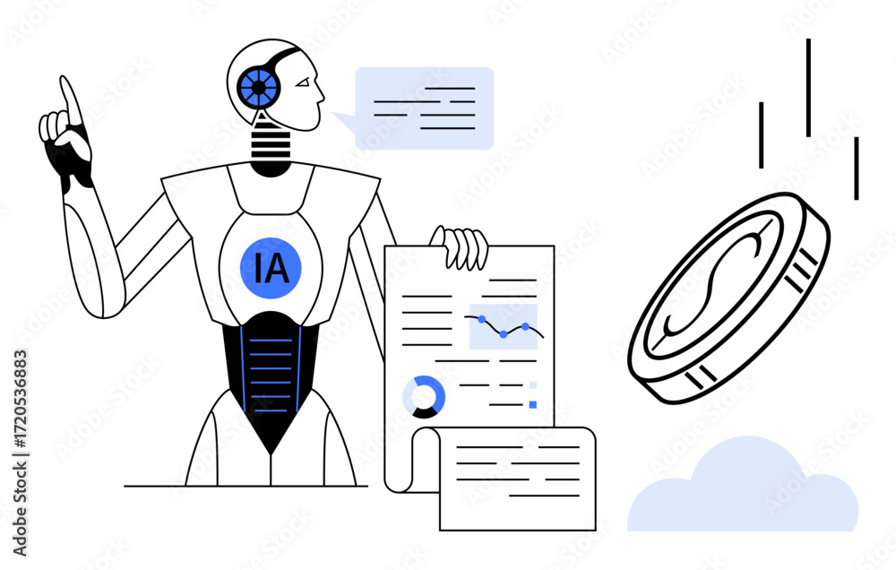 Poster robot labeled ia analyzing charts and data sheets under a coin. ideal for ai, finance, automation, t