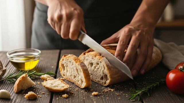 Bread sliced on a dark wooden table alongside oil rosemary tomato  garlic