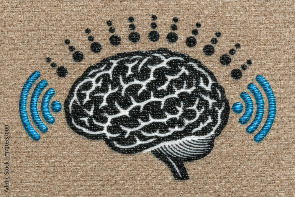 Poster innovative brain concept illustrating neural connectivity with dynamic sound waves and textured back