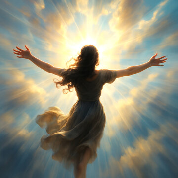 Transcendent Ascent Aerial View of Woman in Rapture, Soaring Towards Celestial Sunbeams in Ultra HD
