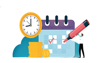 Time management and financial planning concept. Business team organizing a schedule, setting a deadline reminder, and managing a project budget