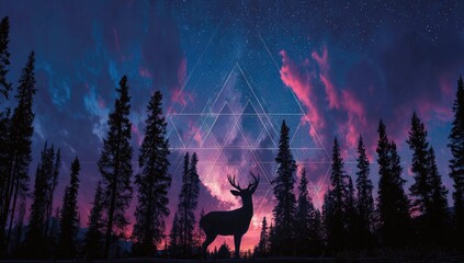 Silhouette of a deer in a forest at twilight with a geometric design on the sky.