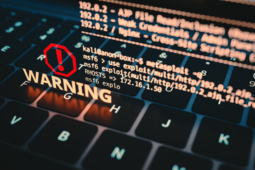 Cyber Security Warning: Hacking Attack with a Red Exclamation Mark. 3D rendering