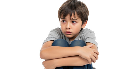 Anxious Boy Sitting Looking Away creative illustration featuring eyes, young, kid, white, contemplation, looking modern