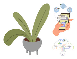 Green plant in pot, a hand holding smartphone monitoring plant via app, diagram of cloud integration with connections. Ideal for gardening, IoT, automation, nature, technology, health innovation