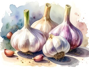 Watercolor Illustration of Fresh Garlic Heads