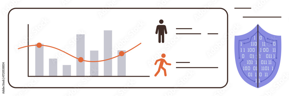 Poster bar chart and line graph with data points, user symbols, and shield representing cybersecurity. idea
