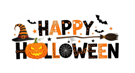 A festive happy halloween graphic featuring a witchs hat, a carved pumpkin, a broom, and bats isolated on transparent background