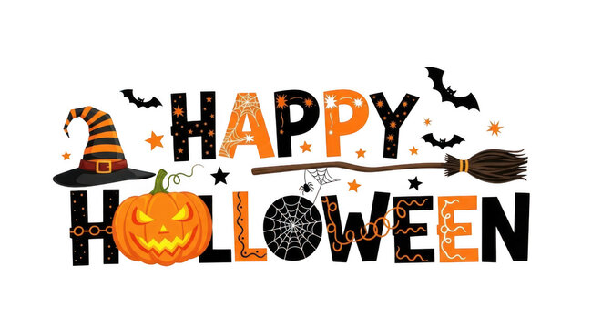 A festive happy halloween graphic featuring a witchs hat, a carved pumpkin, a broom, and bats isolated on transparent background