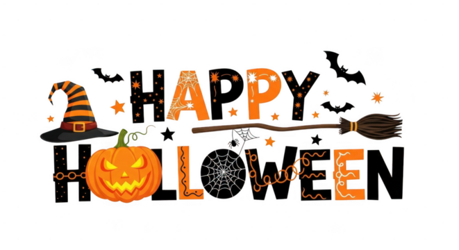 A festive happy halloween graphic featuring a witchs hat, a carved pumpkin, a broom, and bats isolated on transparent background