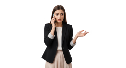 Businesswoman on Phone Worried Expression Gesturing creative illustration featuring phone, help, business, question, gesture, employee modern concept