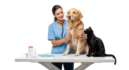 Caring Veterinarian Examining Dog and Cat creative illustration featuring prevention, golden, consultation, happy, trust, pet modern