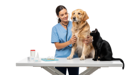 Caring Veterinarian Examining Dog and Cat creative illustration featuring prevention, golden, consultation, happy, trust, pet modern