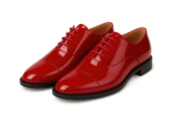 Red patent leather dress shoes, featuring a sleek and glossy finish, ready for formal attire. Transparent background