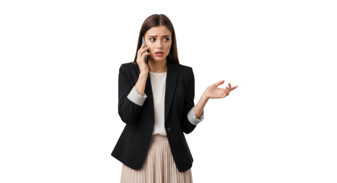 Businesswoman on Phone Worried Expression Gesturing creative illustration featuring phone, help, business, question, gesture, employee modern concept