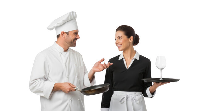 Chef and Waitress Collaborating in Restaurant Kitchen creative illustration featuring restaurant industry, collaboration, white, catering, white uniform,