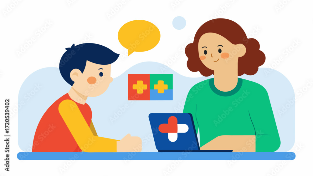 Aufkleber A child with autism spectrum disorder working with a speech the to improve their communication and social skills. The the uses structured activities and visual aids to help the. Vector illustration