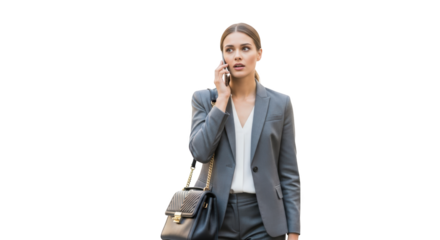 Concerned Businesswoman Talking on Mobile Phone creative illustration featuring suit, talking, woman, grey, purse, white modern concept design