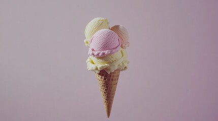 Three scoops of ice cream in a waffle cone against a pink background.
