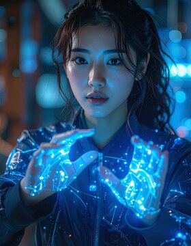 holographic girl, subtle glow animations, blue tones