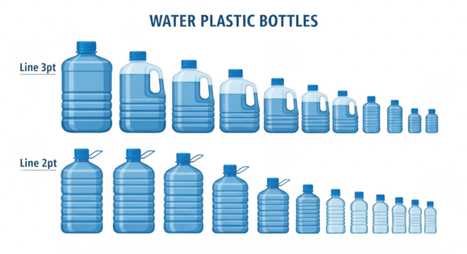 A collection of blue plastic water bottles in various sizes, arranged in descending order, labeled water plastic bottles isolated on transparent background