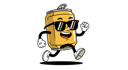 A cartoon soda can with sunglasses and a smile runs happily across a transparent background