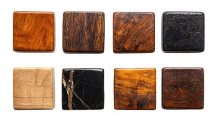 Collection of Natural Wood and Stone Textures: Eight Isolated Rectangular Blocks Showcasing Diverse Grains, Polished Surfaces, and Rich Colors for Design and Material Samples. PNG Without Background